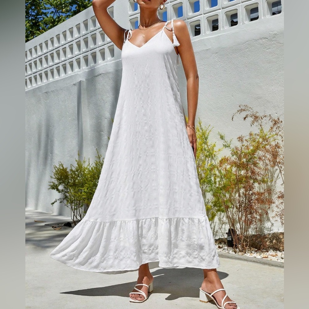 LAST ONE 🔥 Boho Tie Shoulder Ruffle Hem Cami Dress White